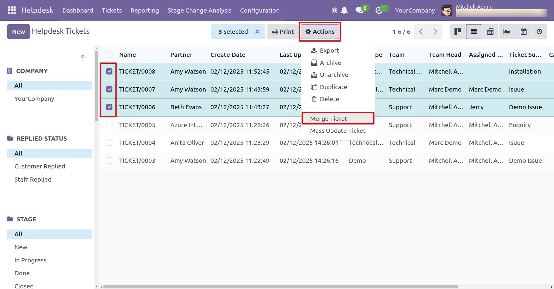 Select Helpdesk tickets for merging