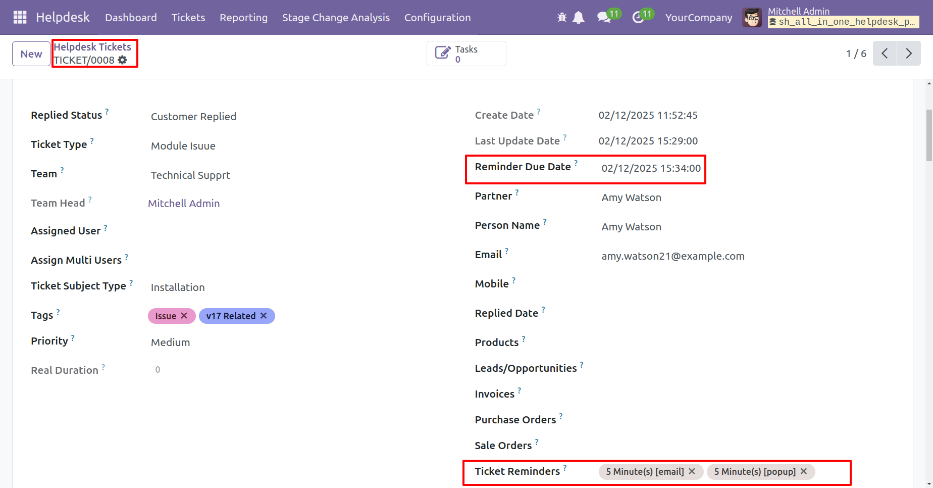 Set reminder due date and ticket reminder in Helpdesk ticket