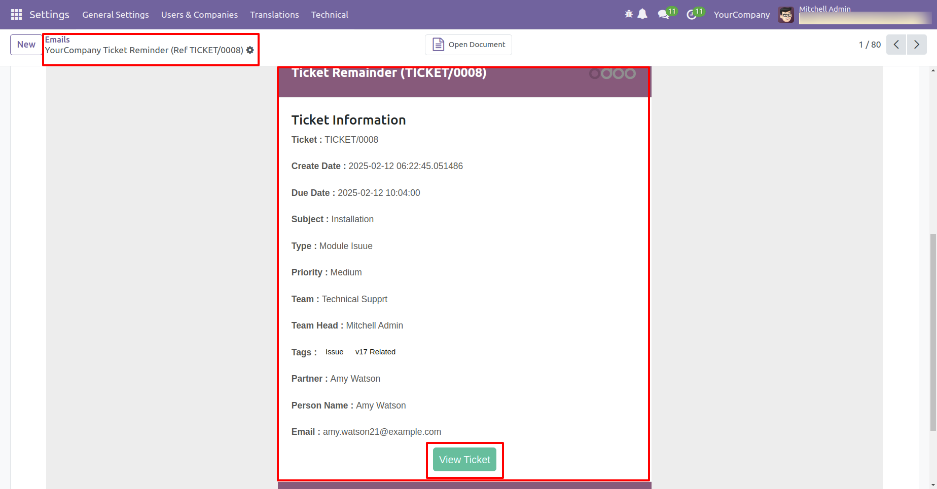 Helpdesk ticket reminder email with View button