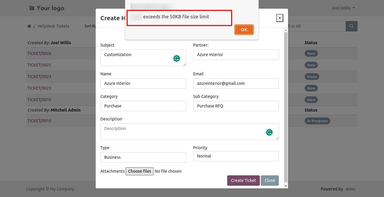 Helpdesk portal alert for oversized attachment