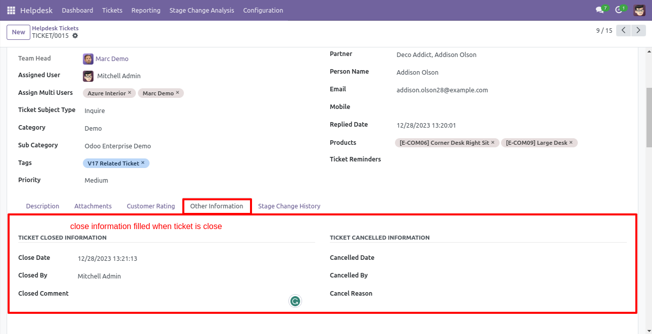 Helpdesk ticket close information