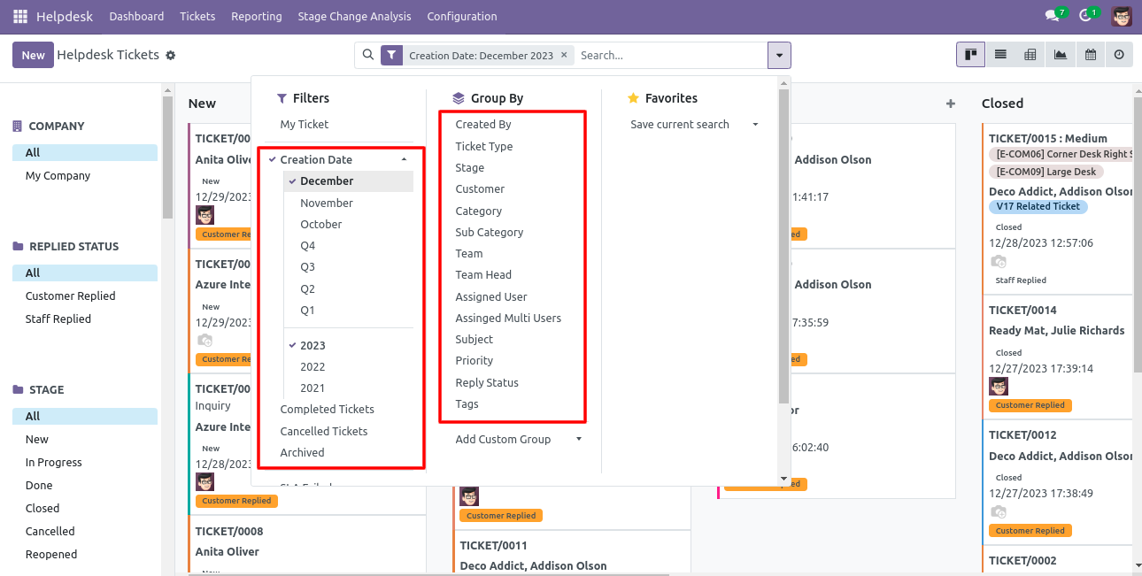 Helpdesk tickets filtered by creation date