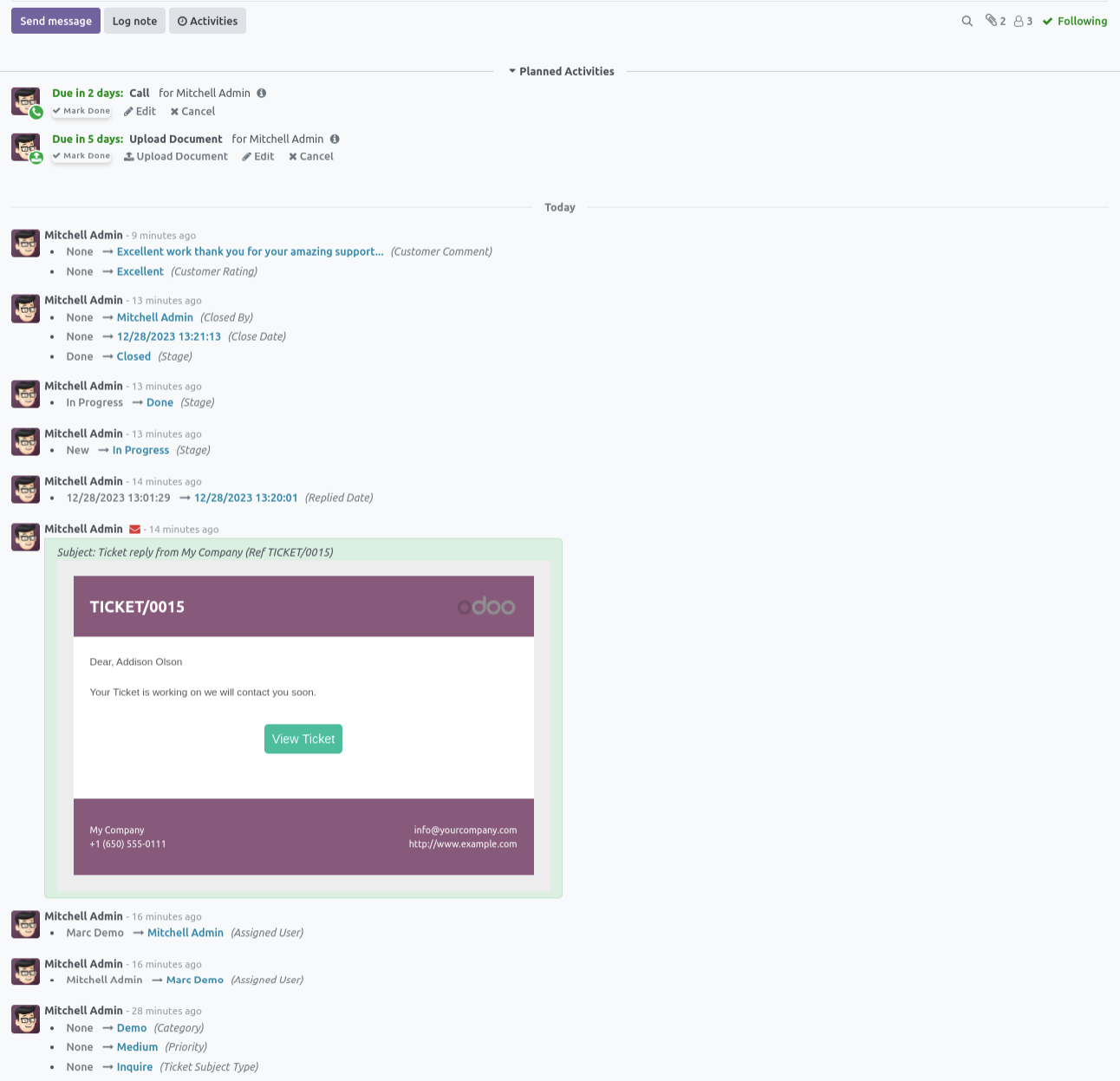 Helpdesk ticket chatter with customer conversation