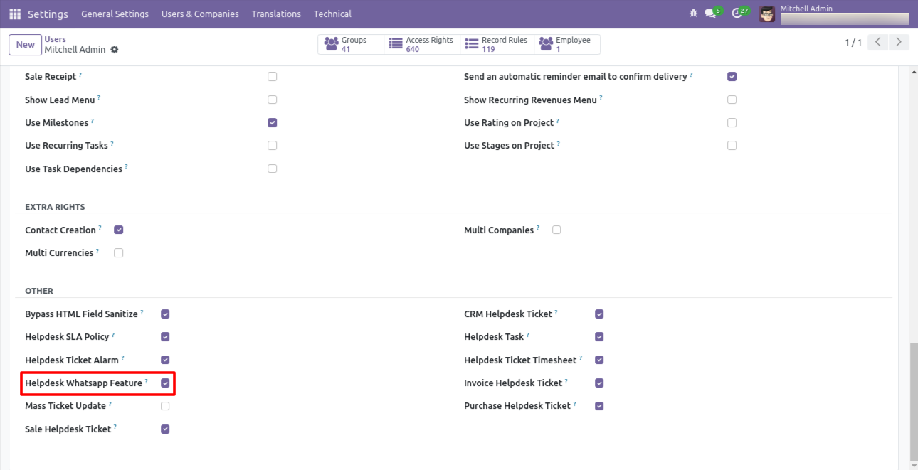 Helpdesk WhatsApp feature enabled in user settings