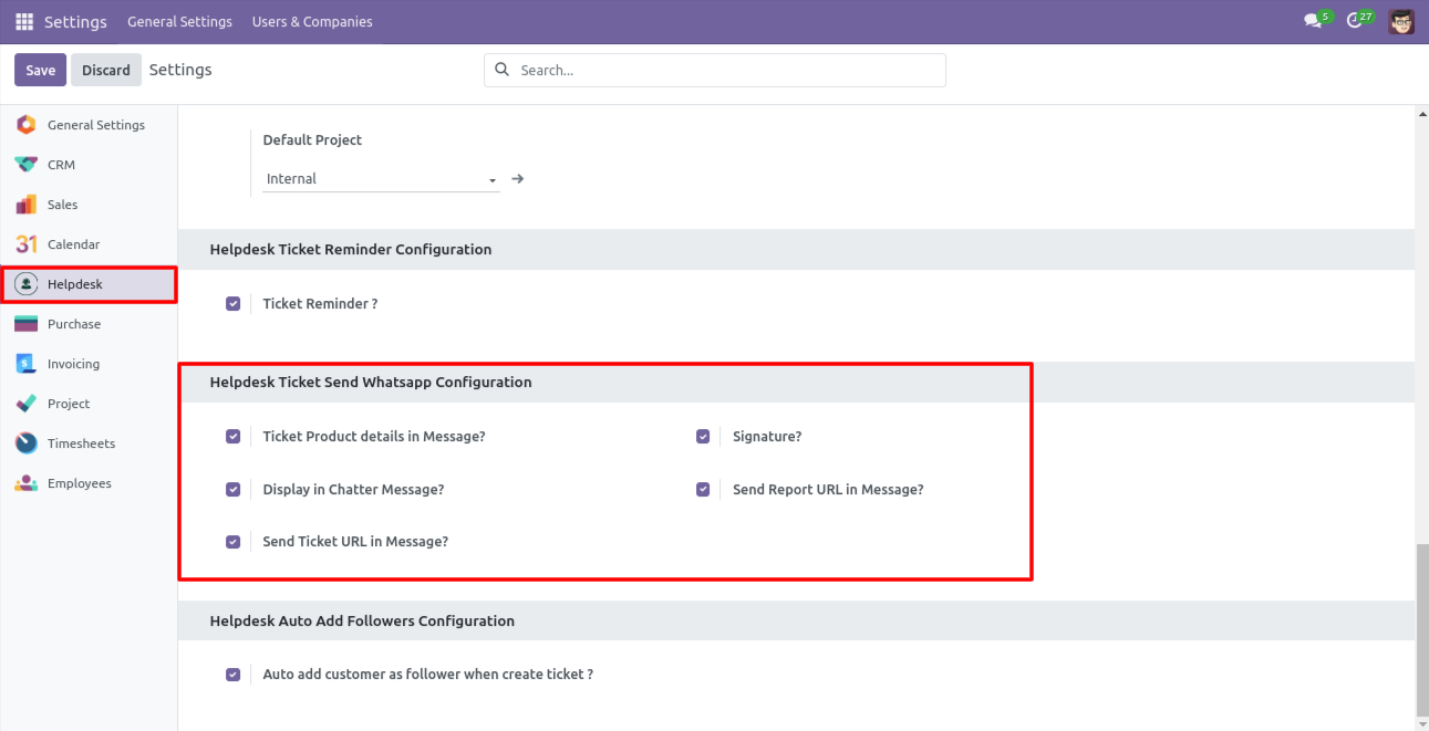 WhatsApp message configuration settings in Helpdesk