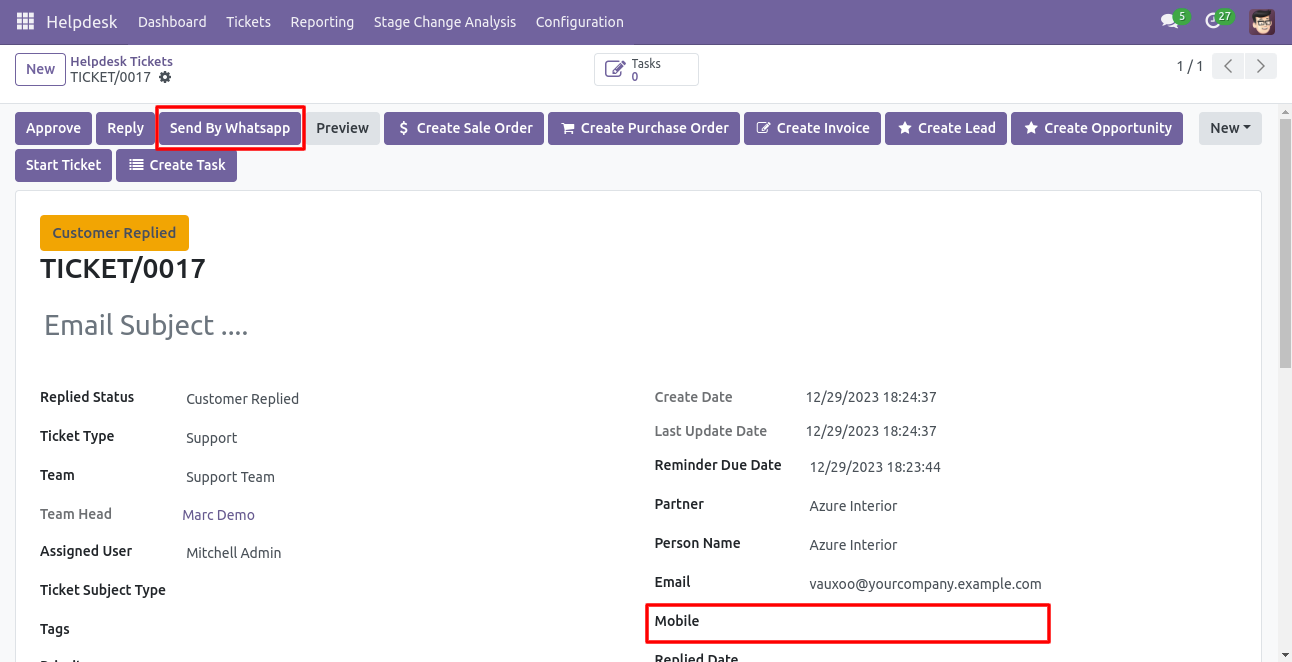 Send By WhatsApp button in Helpdesk ticket