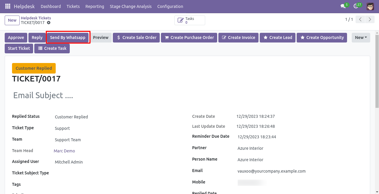 Send By WhatsApp button in Helpdesk ticket