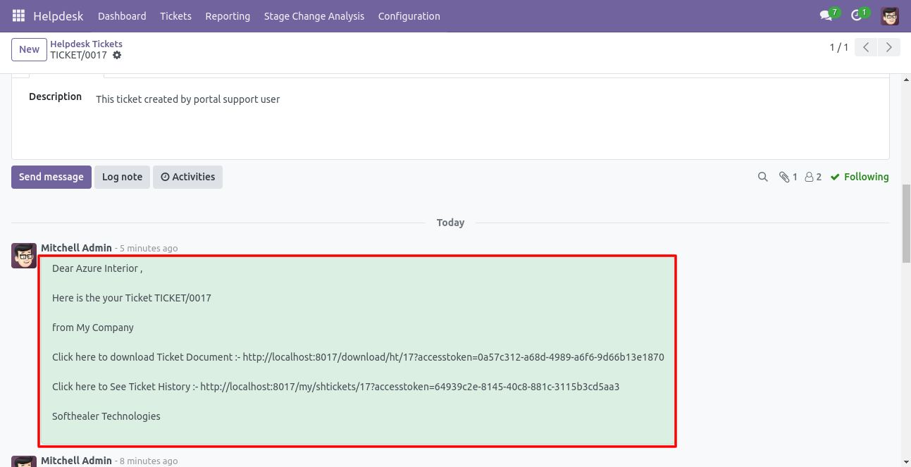 WhatsApp message displayed in Helpdesk ticket chatter