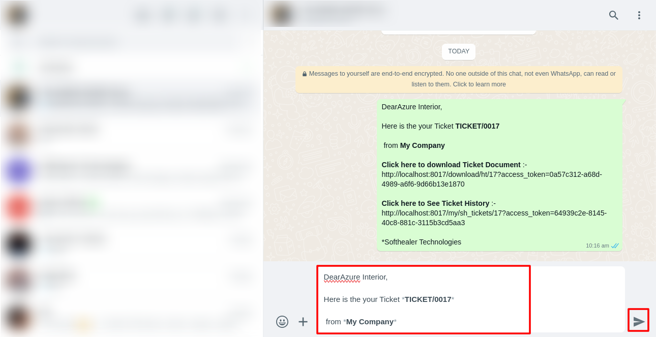 Helpdesk message sent to WhatsApp from dashboard