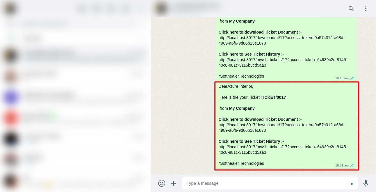 Helpdesk ticket message sent via WhatsApp
