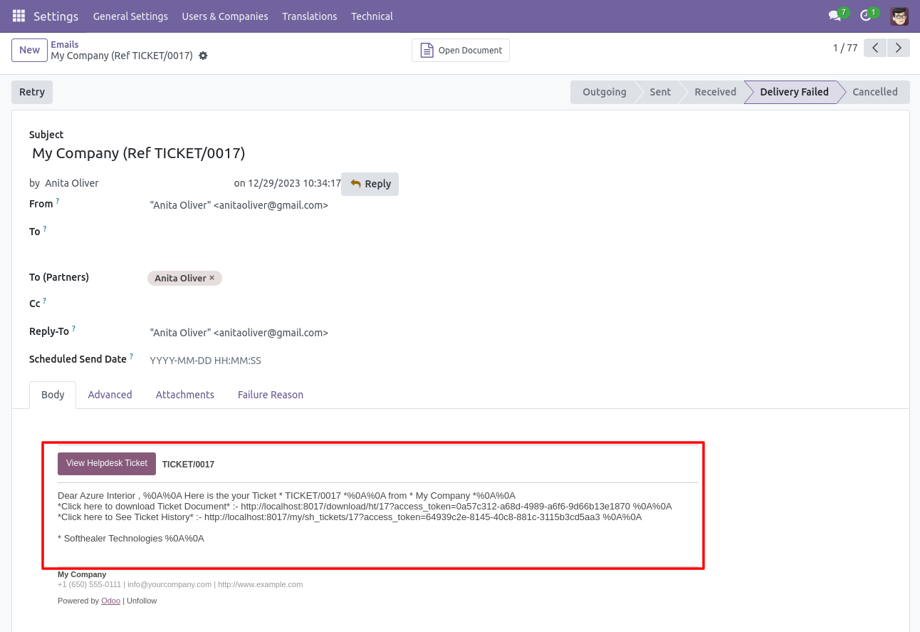 Helpdesk ticket email message sent to customer
