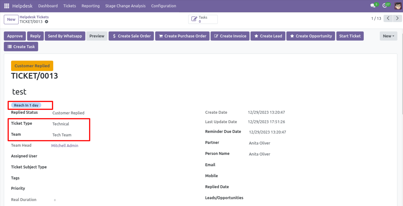 Helpdesk SLA ticket form view