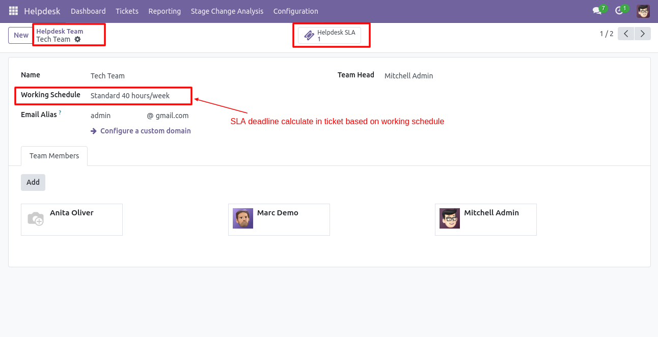 Helpdesk team form with working schedule and SLA tickets