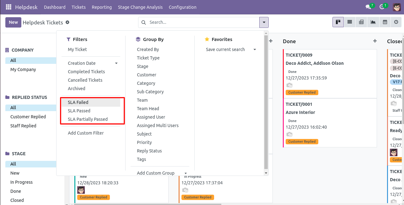 Helpdesk ticket search panel with SLA filters