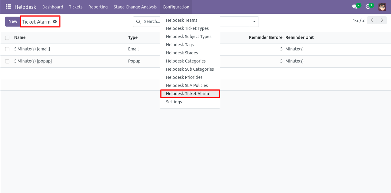 Helpdesk Ticket Alarm configuration menu