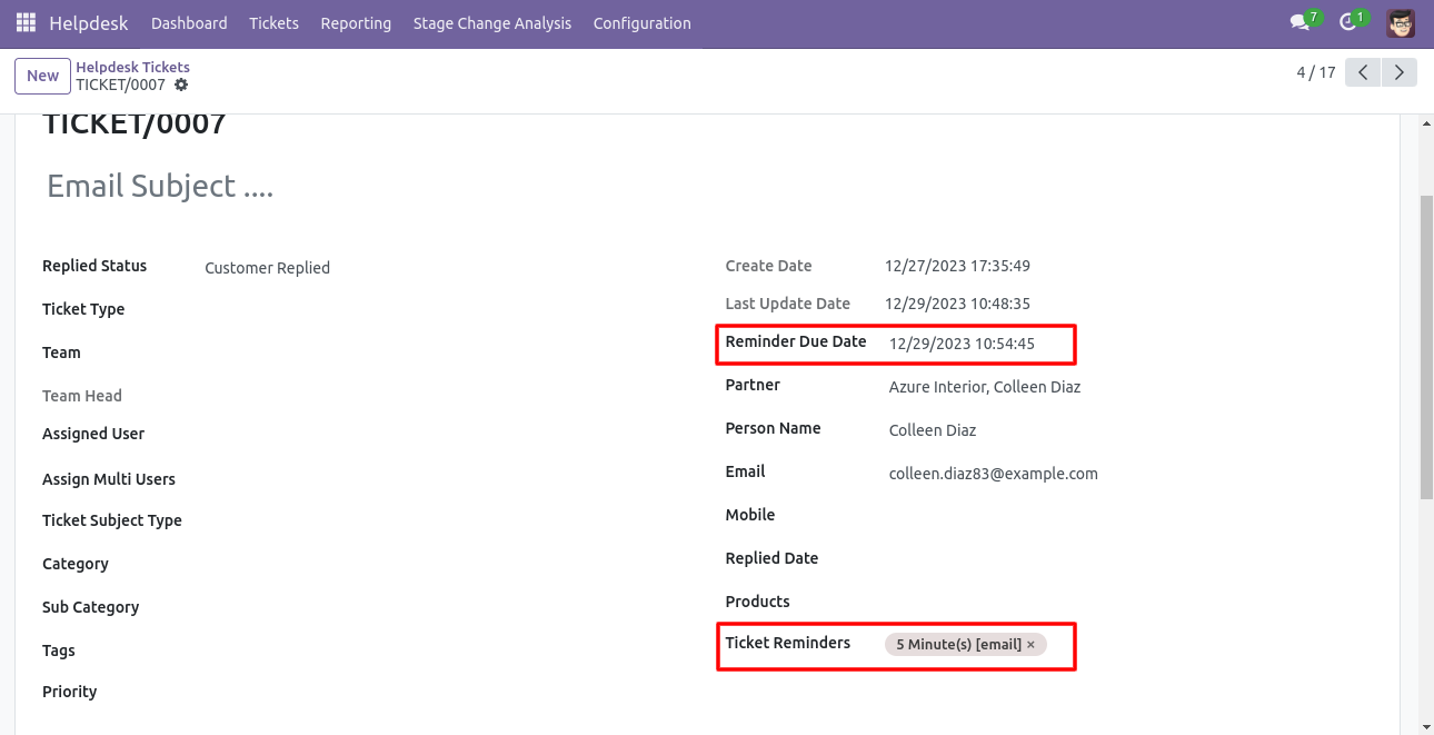 Helpdesk ticket alarm with ticket reminder configuration