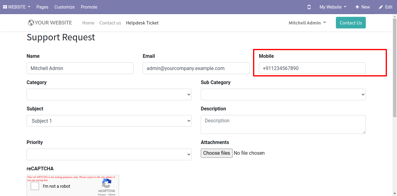 Mobile number added to helpdesk ticket 