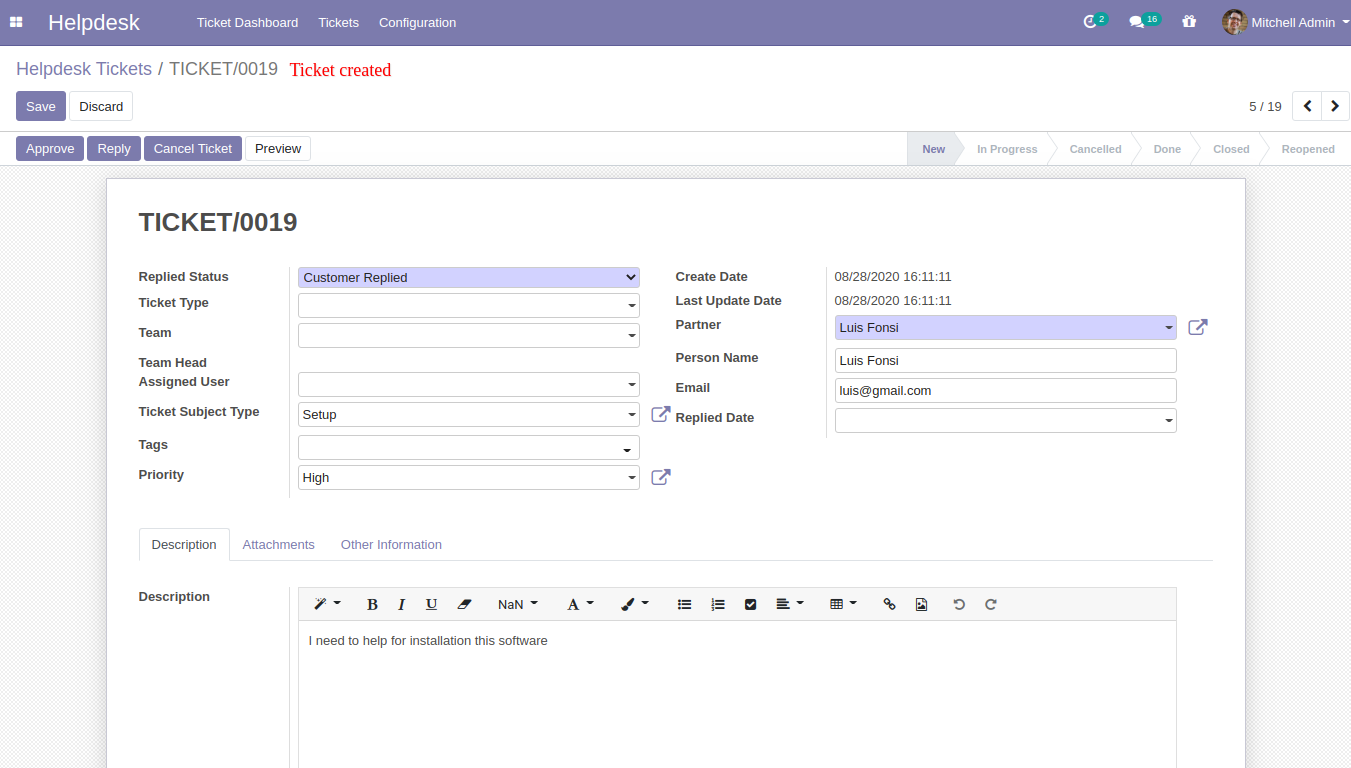 Helpdesk ticket created in backend