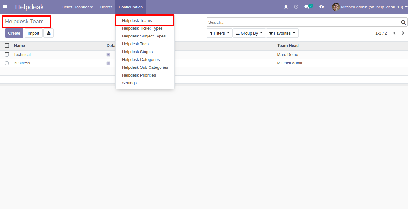 Helpdesk teams menu and list view