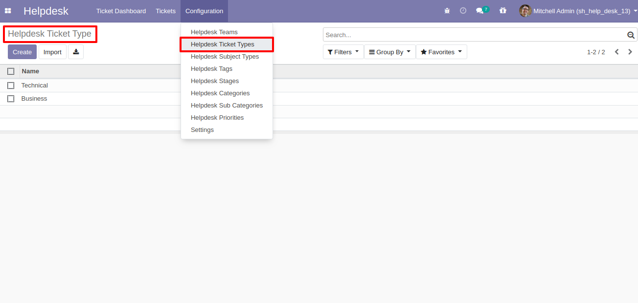 Helpdesk ticket types menu and list view