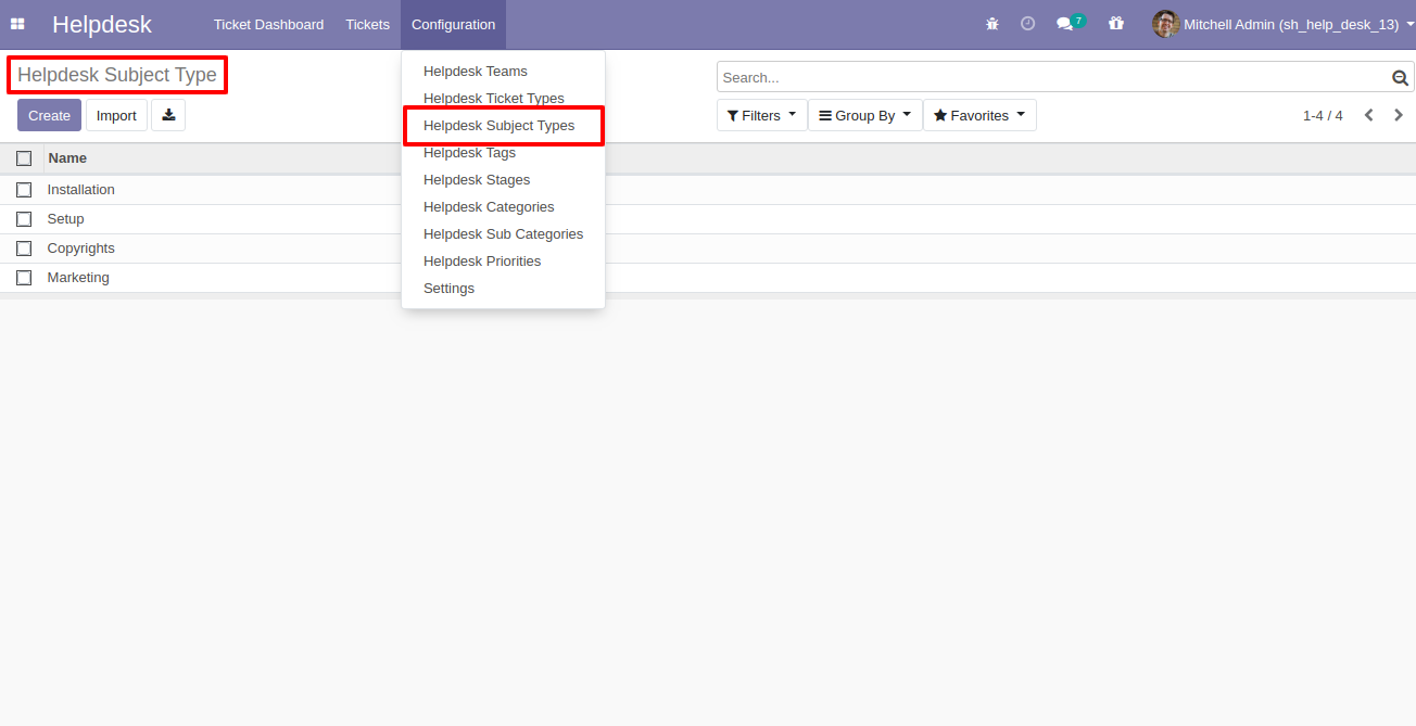 Helpdesk subject types menu and list view