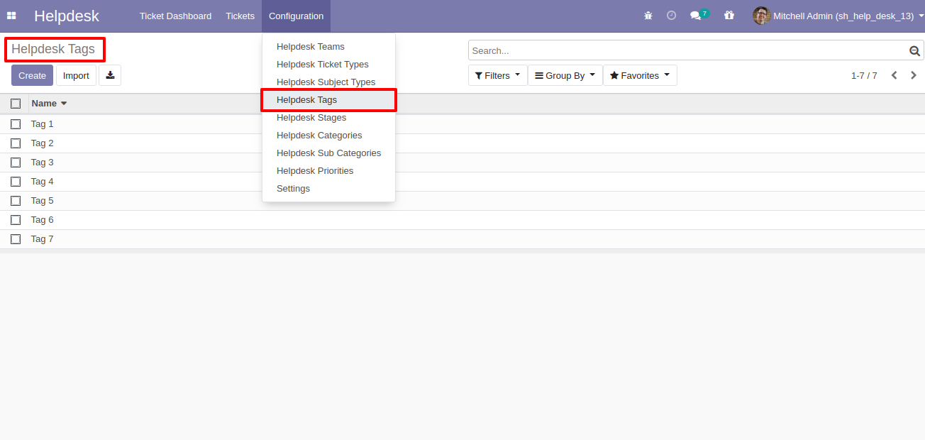Helpdesk tags menu and list view