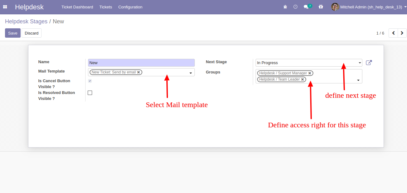 Helpdesk stage configuration with access rights and email settings