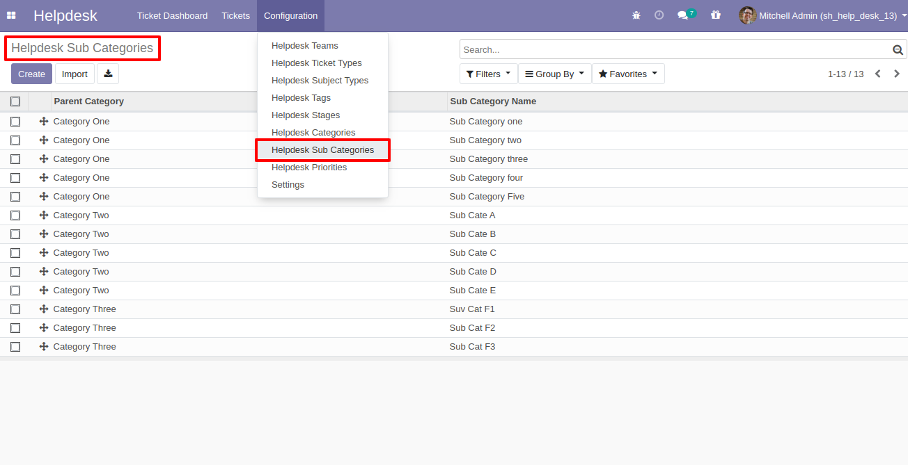 Helpdesk subcategories menu and list view