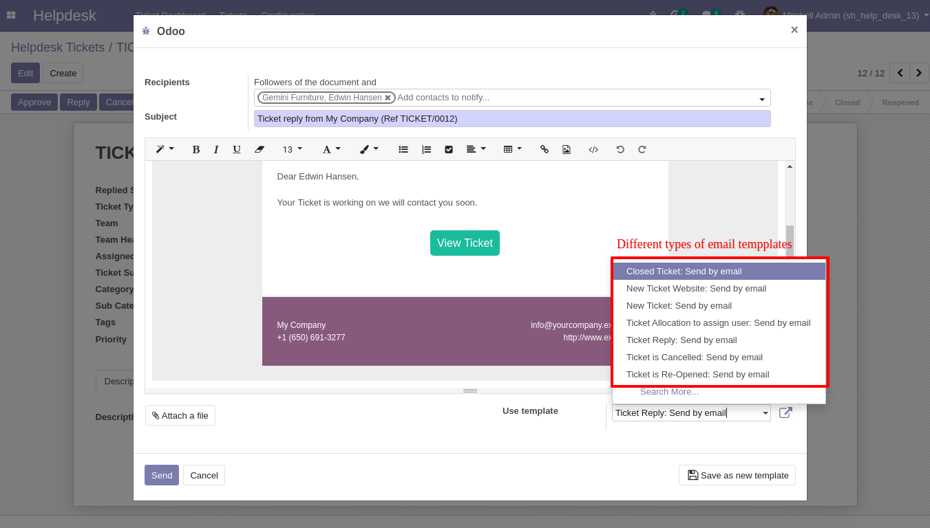 Helpdesk ticket reply wizard with email template and View Ticket link
