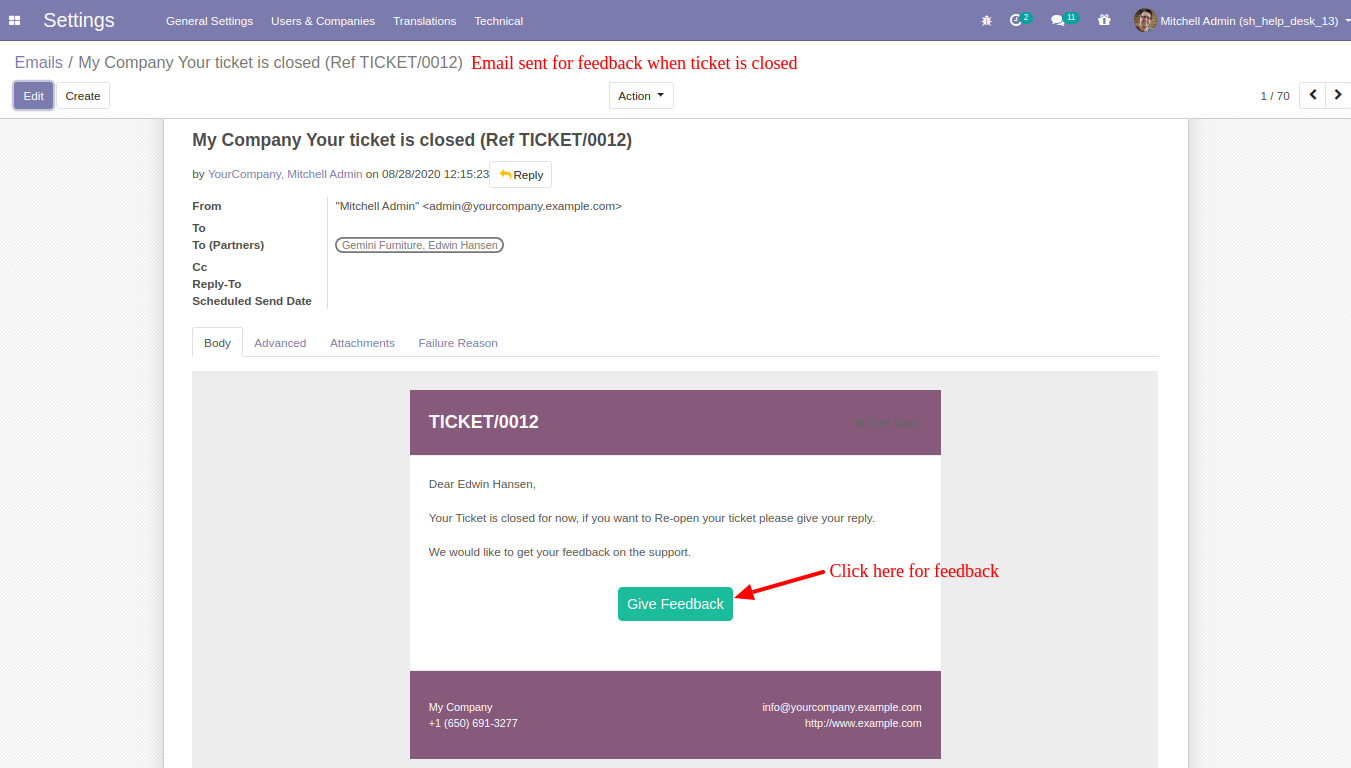 Helpdesk ticket closure email with customer feedback link