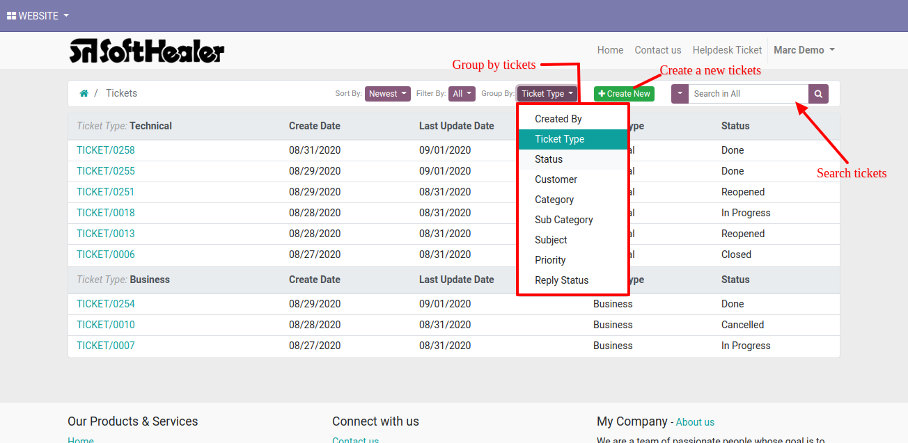 Helpdesk portal ticket list with search and grouping