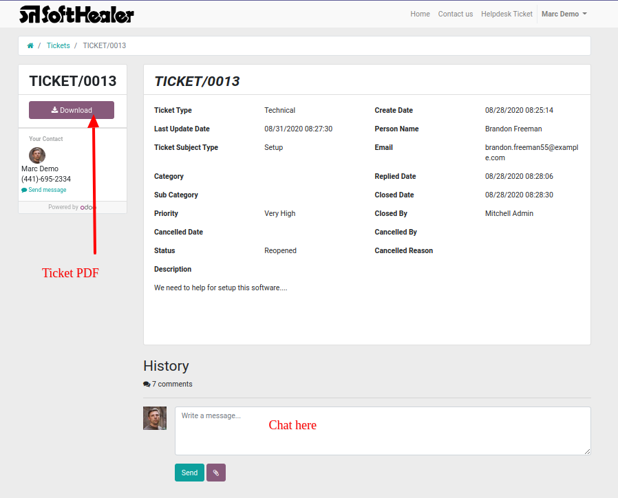 Helpdesk portal ticket with PDF download option