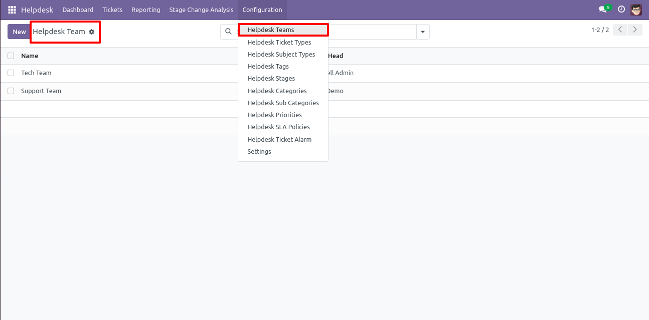 Odoo Helpdesk Teams list view