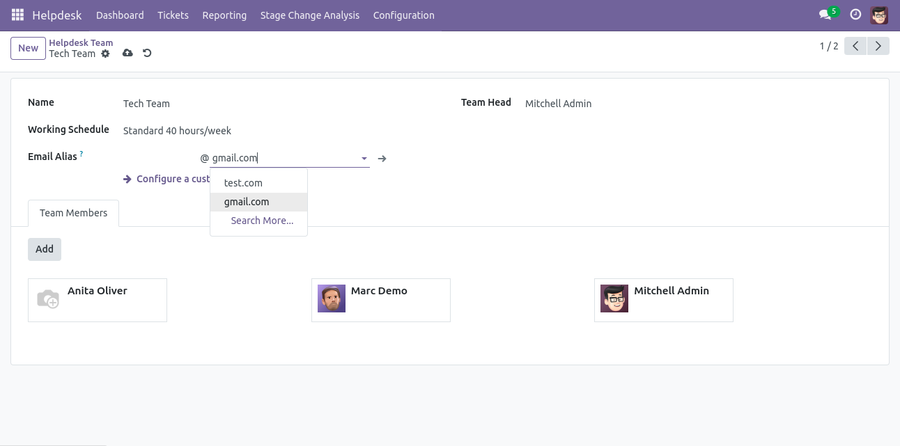 Odoo Helpdesk Team configuration
