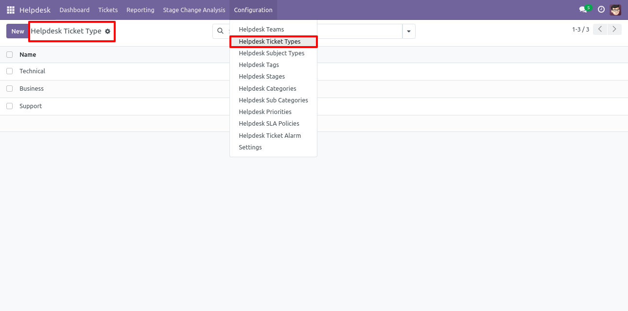 Odoo Helpdesk Ticket Types list view