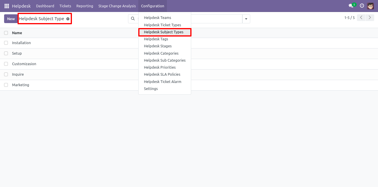 Odoo Helpdesk Subject Types list view