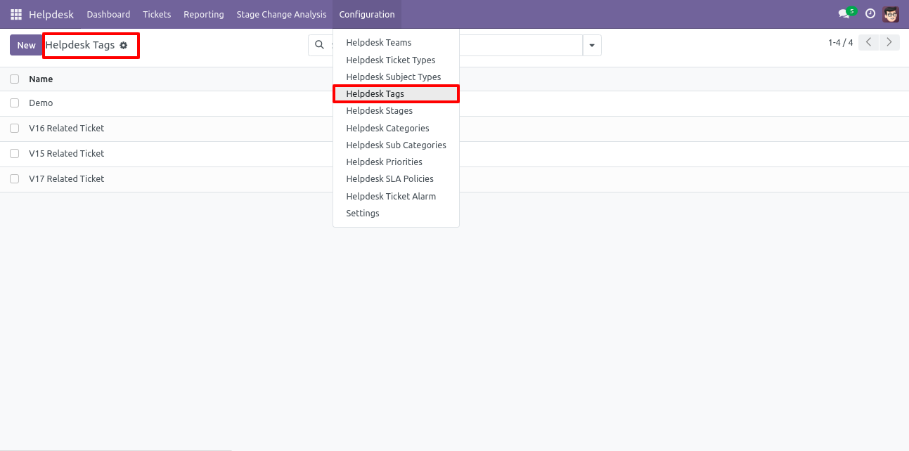 Odoo Helpdesk Tags list view