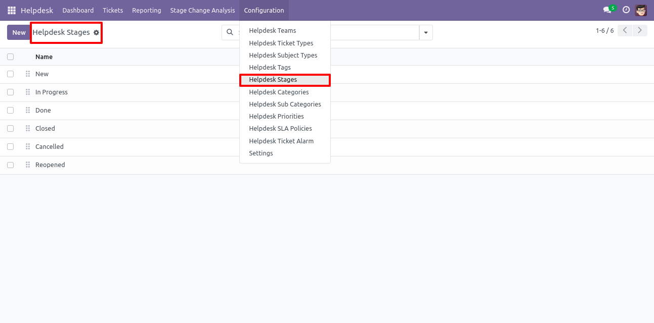Odoo Helpdesk Stages list view