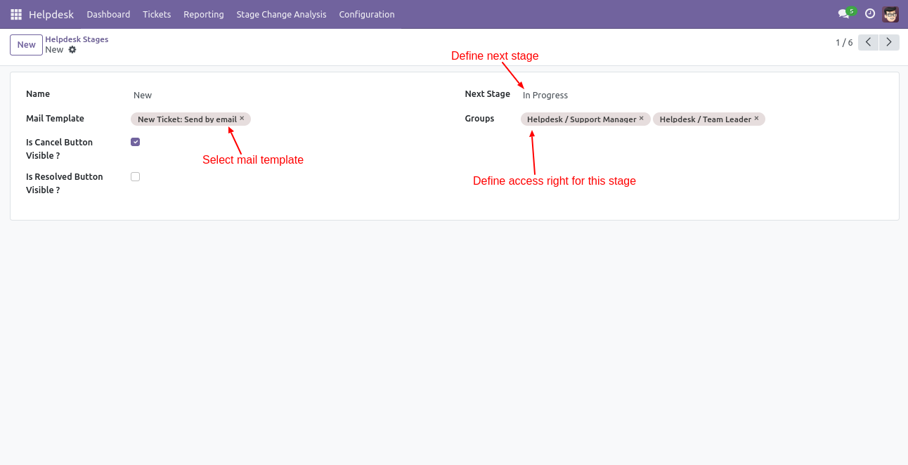 Odoo Helpdesk Stage configuration