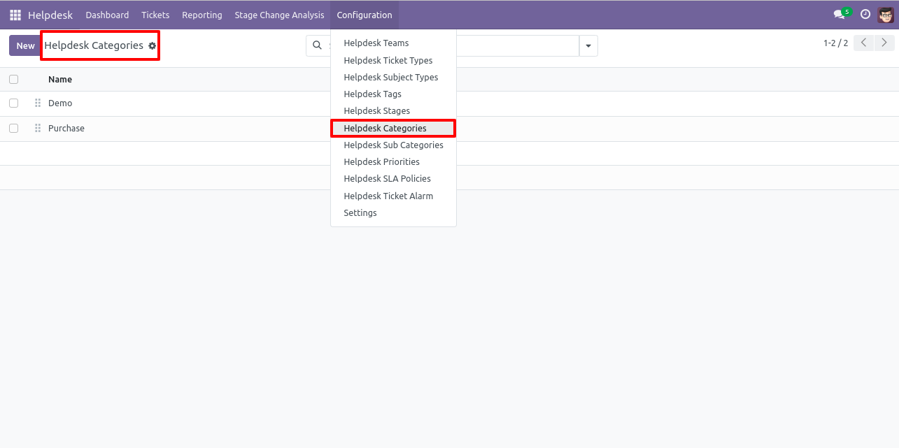 Odoo Helpdesk Categories list view