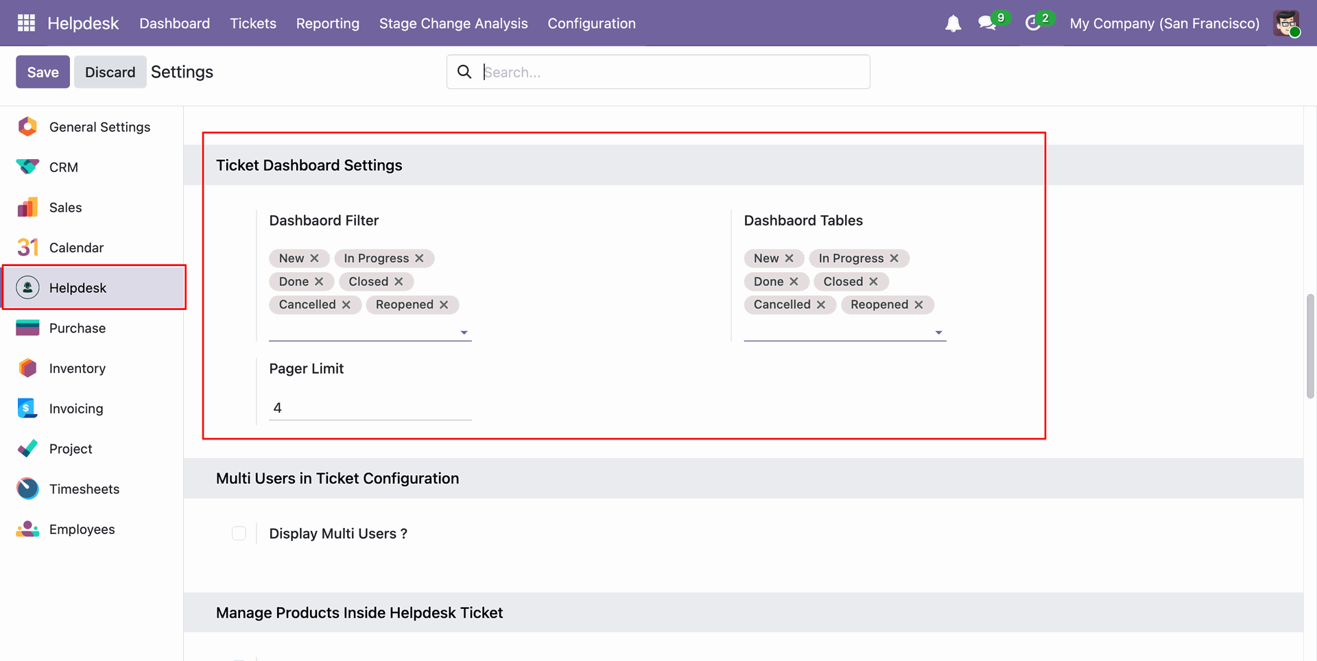 Helpdesk configuration settings with pager limit and dashboard details