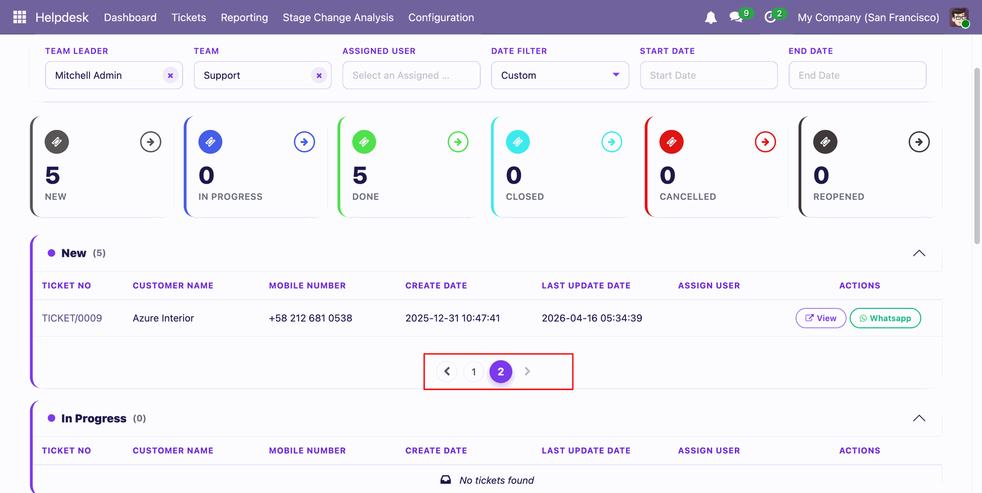 Helpdesk dashboard with ticket status and pagination.