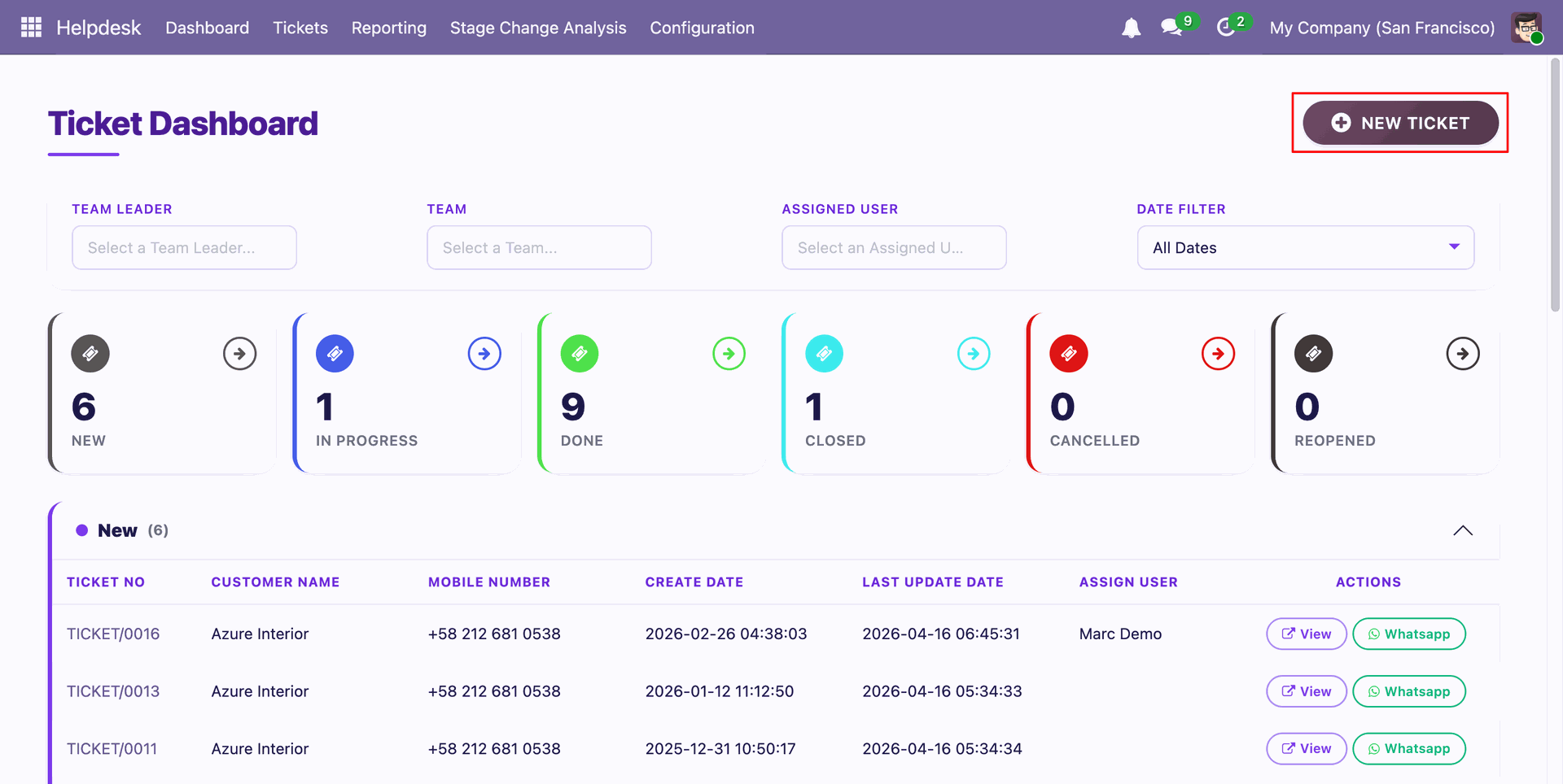 New Ticket button in the Helpdesk dashboard