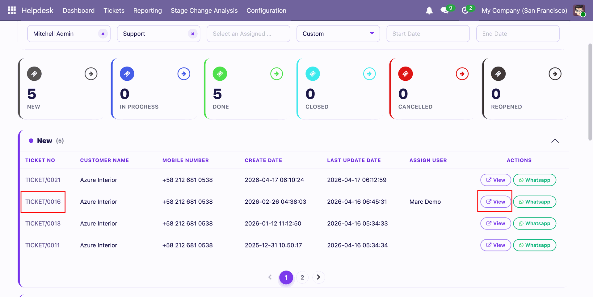 Newly created Helpdesk ticket displayed with View button