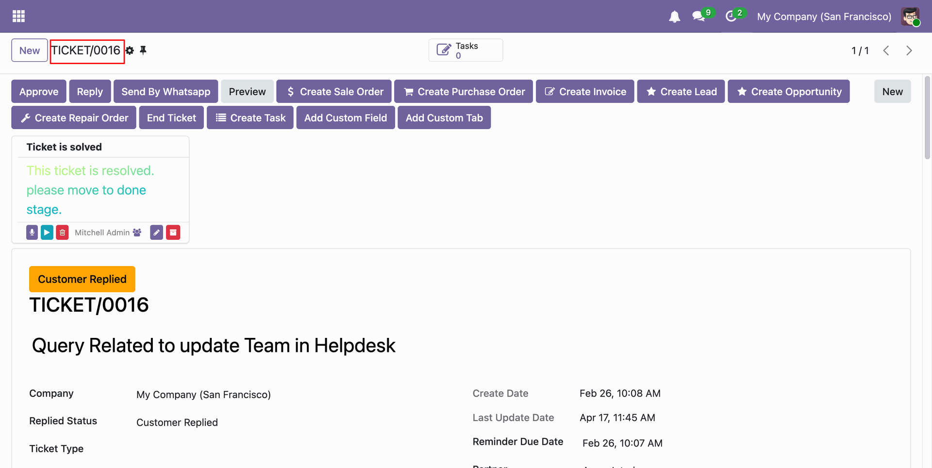 Helpdesk ticket form view showing newly created ticket details