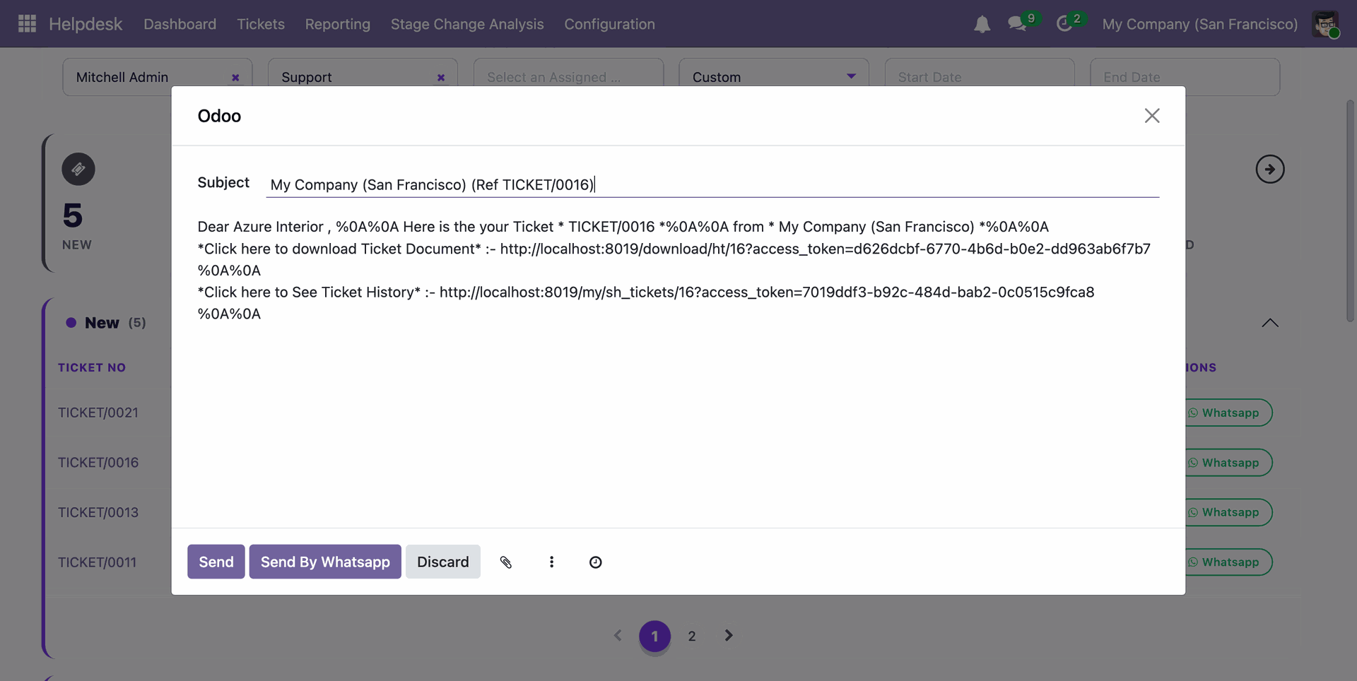Helpdesk ticket email with Send and WhatsApp options.