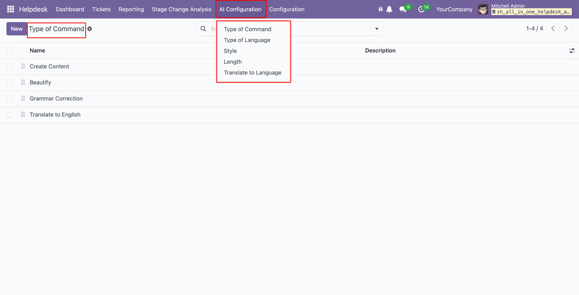 ChatGPT command types list view