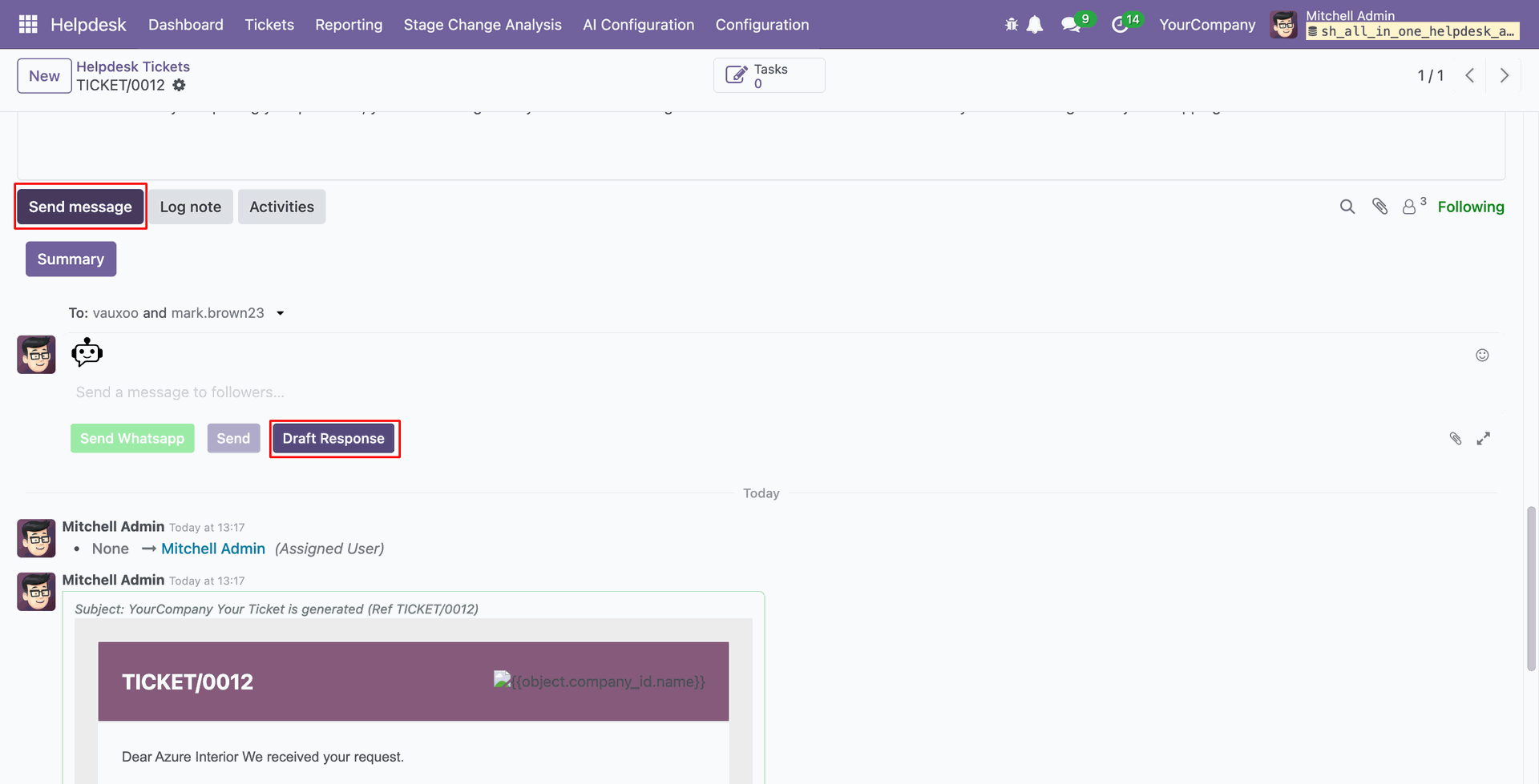 Draft Reply button in helpdesk ticket