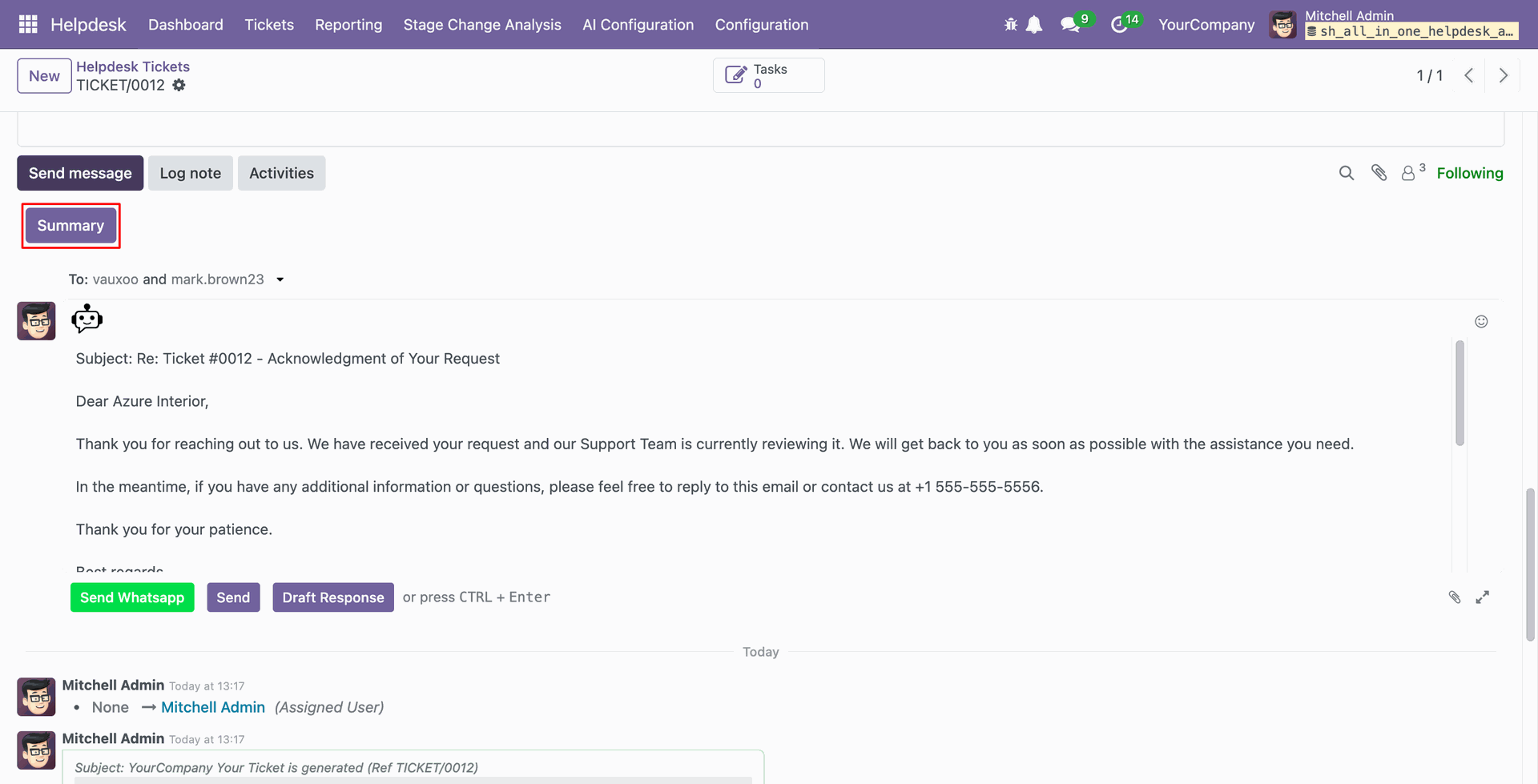Helpdesk ticket chatter summary