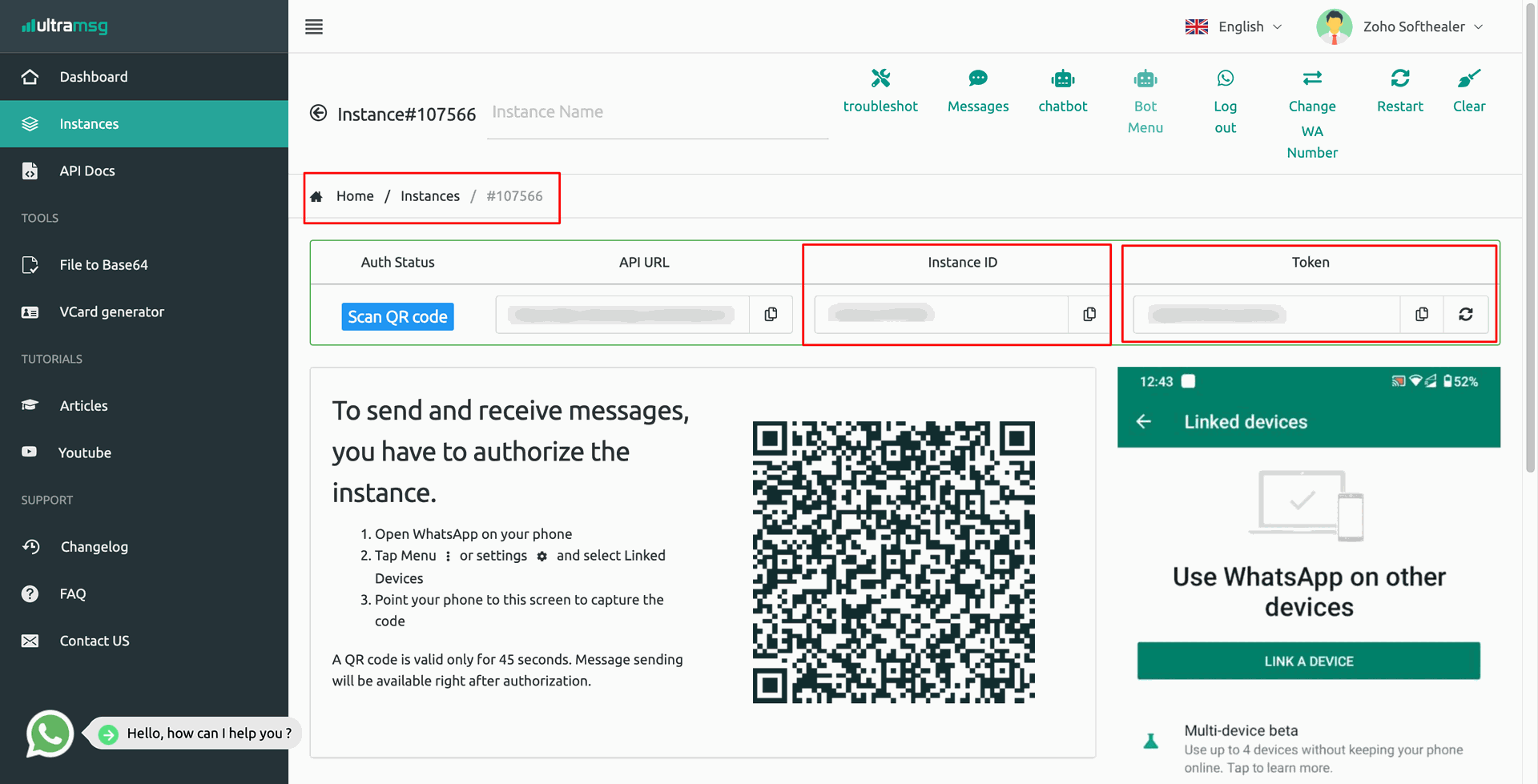 Ultramsg instance ID and token